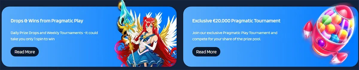 Two blue promo tiles: “Drops & Wins from Pragmatic Play” with a winged red-haired fantasy character holding a staff and a “Read More” button, and “Exclusive €20,000 Pragmatic Tournament” with a colourful capsule/rocket graphic and a “Read More” button.