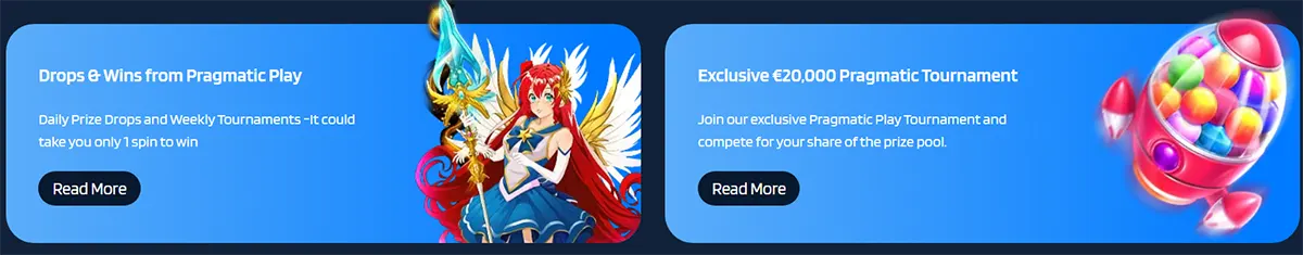 Two blue promo tiles: “Drops & Wins from Pragmatic Play” with a winged red-haired fantasy character holding a staff and a “Read More” button, and “Exclusive €20,000 Pragmatic Tournament” with a colourful capsule/rocket graphic and a “Read More” button.