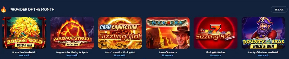 “Provider of the Month” carousel showing Novoline slots: Bonsai Gold Hold & Win, Magma Strike Blazing Jackpots Hold & Win, Cash Connection Sizzling Hot, Book of Ra Deluxe, Sizzling Hot Deluxe, and Bounty of the Seas Hold & Win, with a “See all” button.