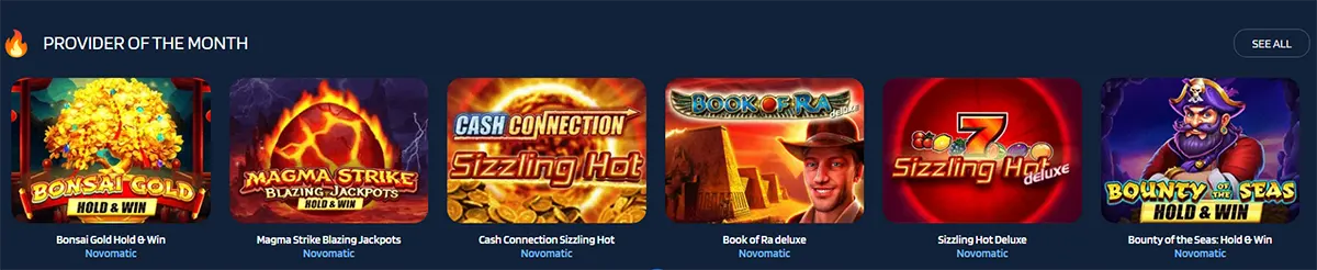 “Provider of the Month” carousel showing Novoline slots: Bonsai Gold Hold & Win, Magma Strike Blazing Jackpots Hold & Win, Cash Connection Sizzling Hot, Book of Ra Deluxe, Sizzling Hot Deluxe, and Bounty of the Seas Hold & Win, with a “See all” button.